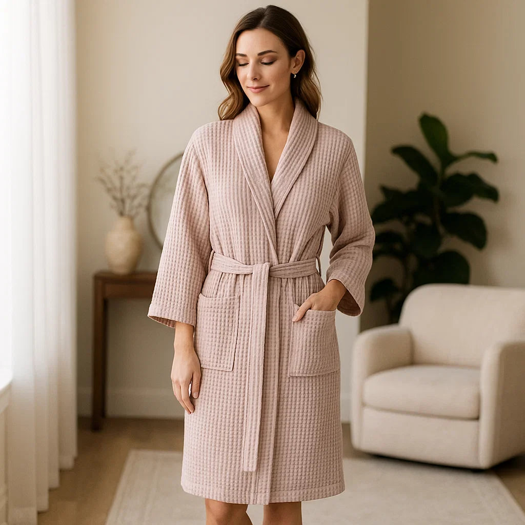SereneLuxe – Peignoir en Coton à Texture Waffle avec Décolleté Élégant en V