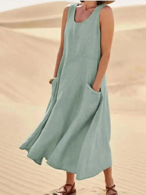 Robe en lin femme longue décontractée élégante avec poches