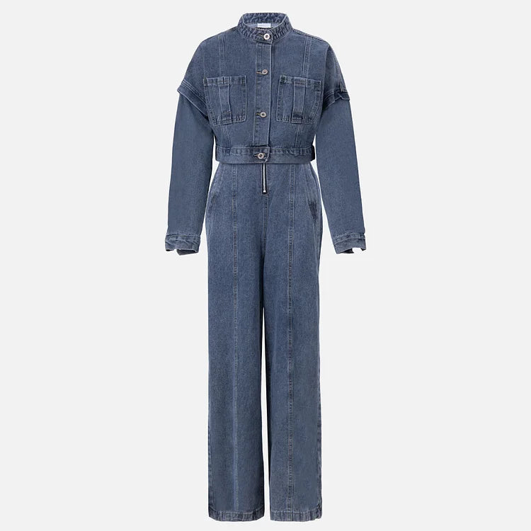 Combinaison en denim | Ensemble avec veste assortie, fermeture éclair