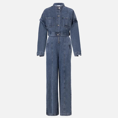 Combinaison en denim | Ensemble avec veste assortie, fermeture éclair