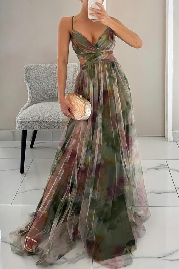 Robe de soirée maxi motif floral dos nu cintrée – Flora