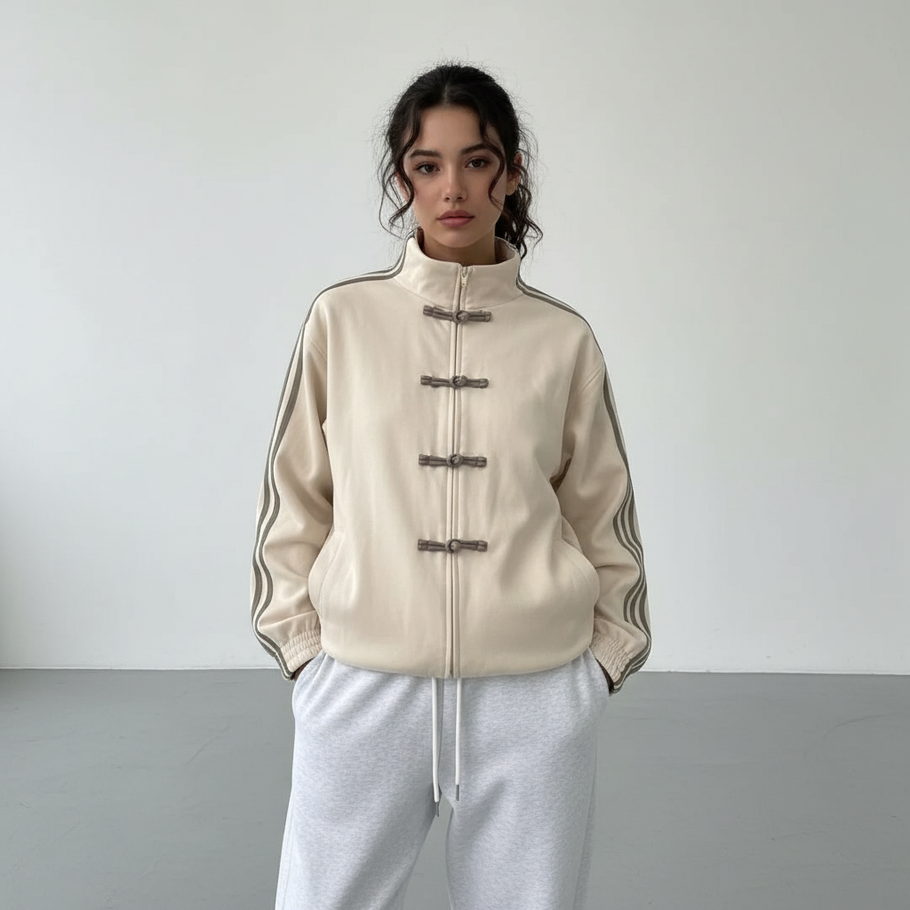 Veste de survêtement femme rétro rayures contrastantes boutons décoratifs coupe relaxed
