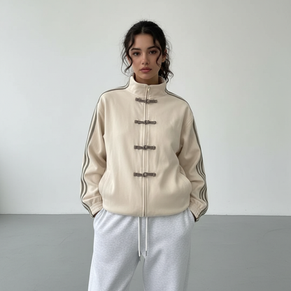 Veste de survêtement femme rétro rayures contrastantes boutons décoratifs coupe relaxed