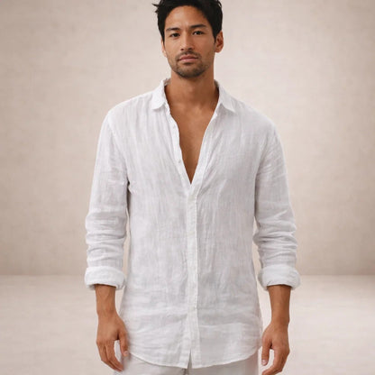 Chemise lin homme | Coupe régulière, col ouvert | Manches longues