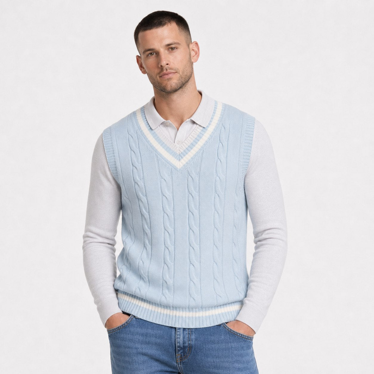 Gilet Homme Torsadé | Col V, Rayures Contrastées