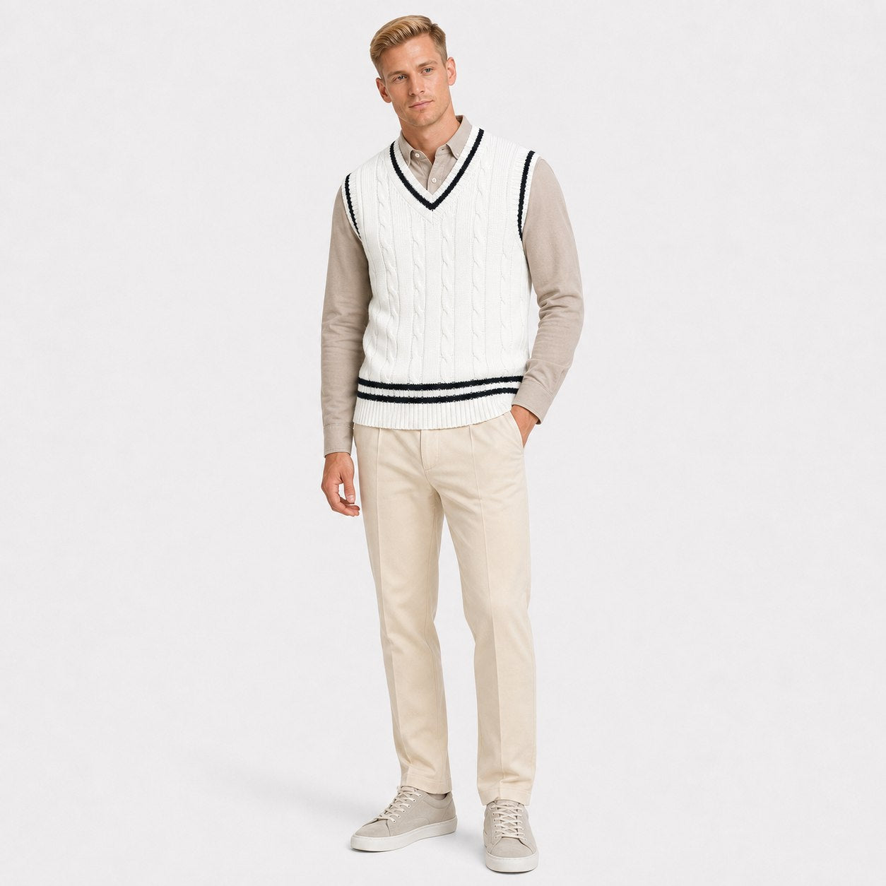 Gilet Homme Torsadé | Col V, Rayures Contrastées