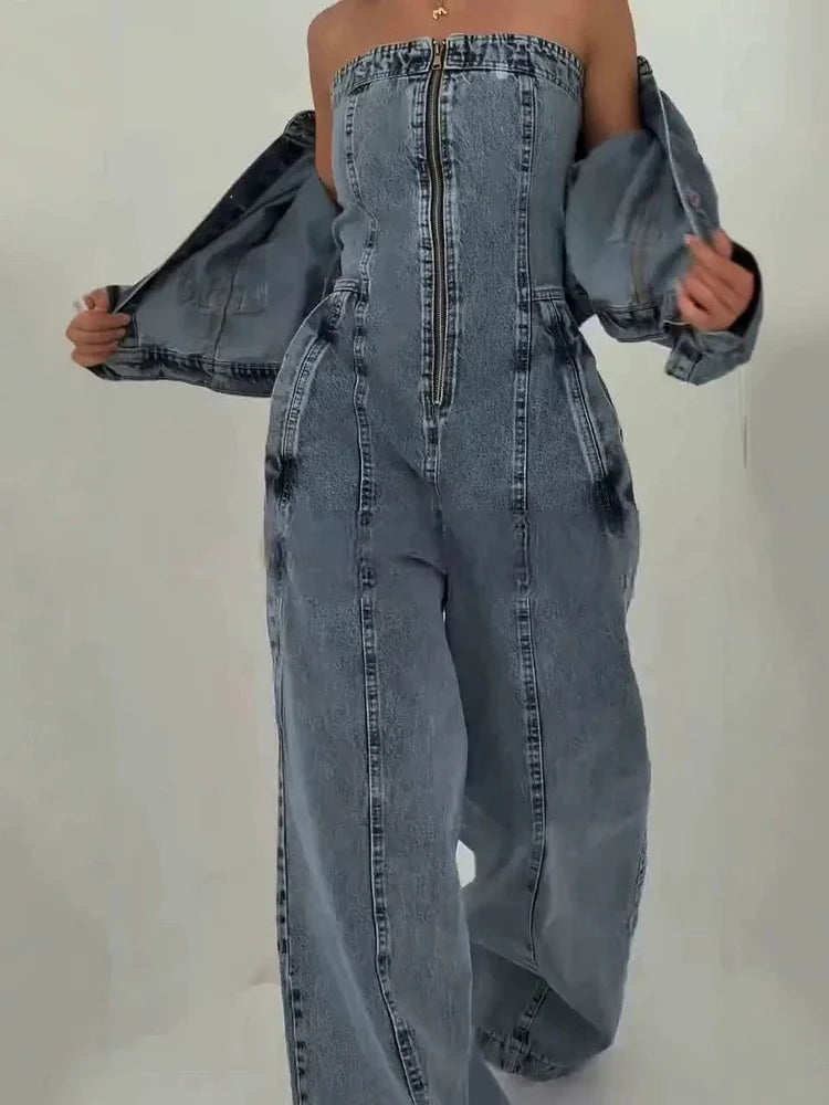 Combinaison en denim | Ensemble avec veste assortie, fermeture éclair