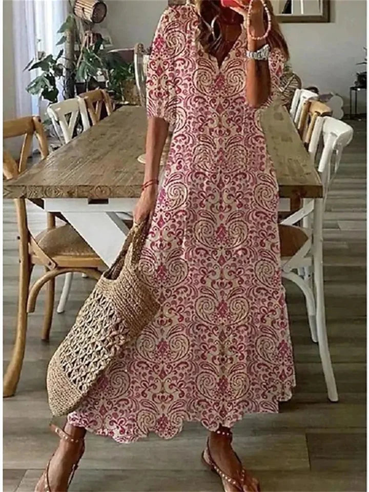Robe Longue Femme | Imprimé Bohème, Col V | Robe d'Été Fluide