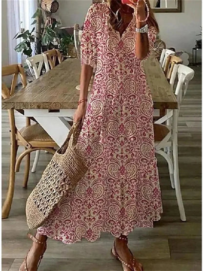 Robe Longue Femme | Imprimé Bohème, Col V | Robe d'Été Fluide