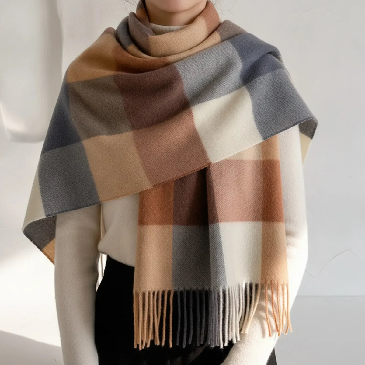 Écharpe femme laine cachemire carreaux beige bleu avec franges 30x180 cm