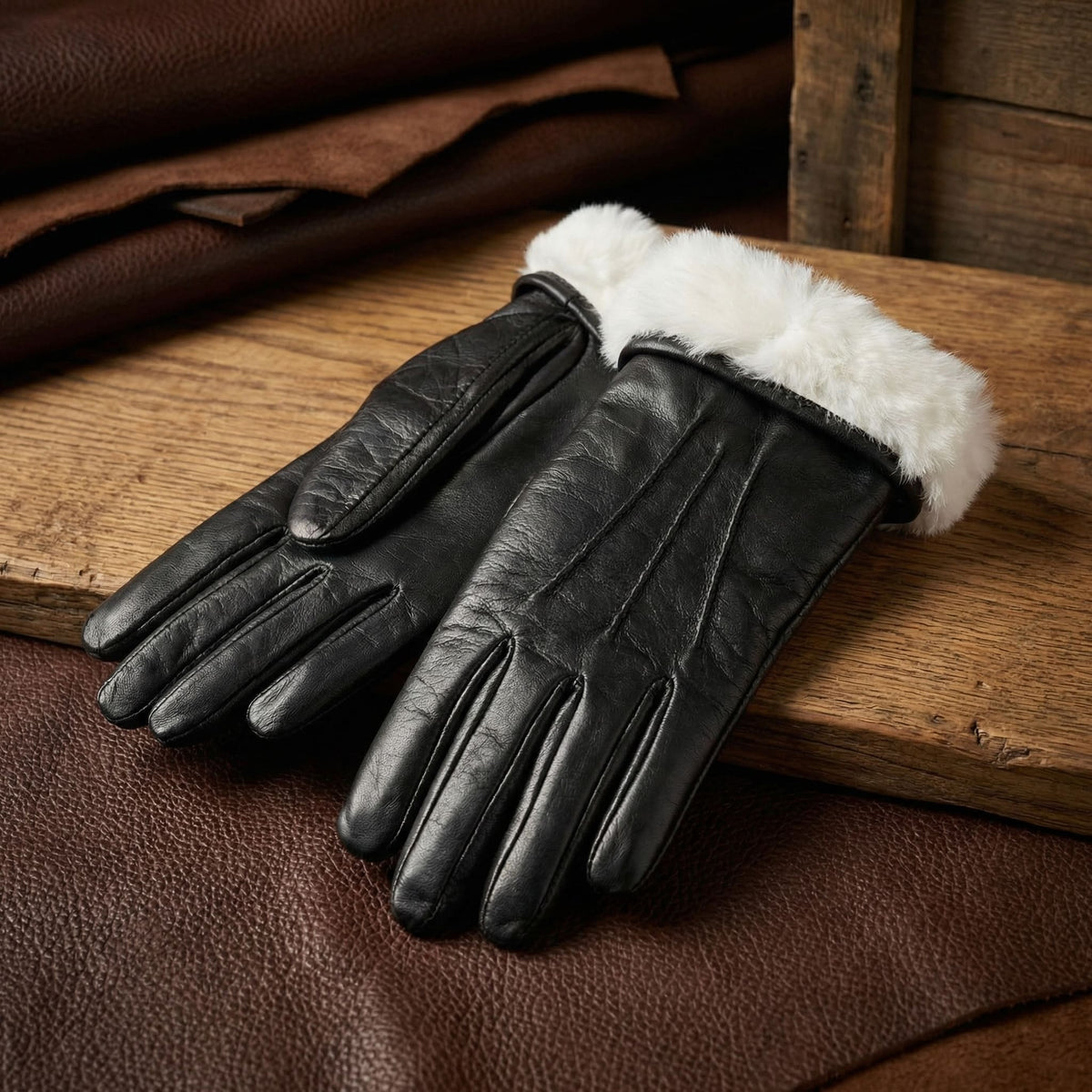 Gants cuir agneau femme doublure fourrure lapin, cuir noir ajusté