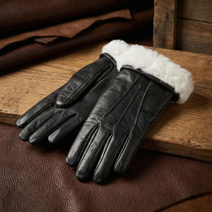 Gants cuir agneau femme doublure fourrure lapin, cuir noir ajusté
