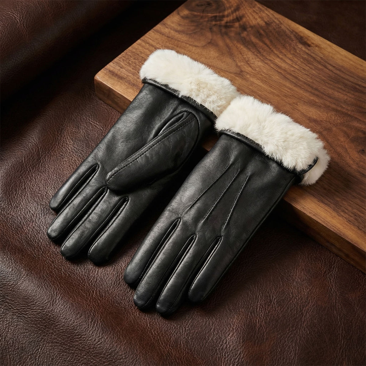 Gants cuir agneau femme doublure fourrure lapin, cuir noir ajusté