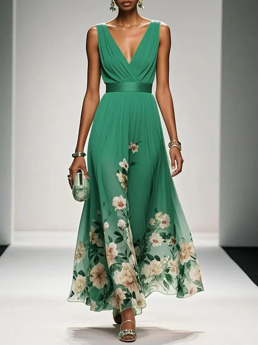 Robe florale femme invitée mariage col V silhouette fluide trapèze