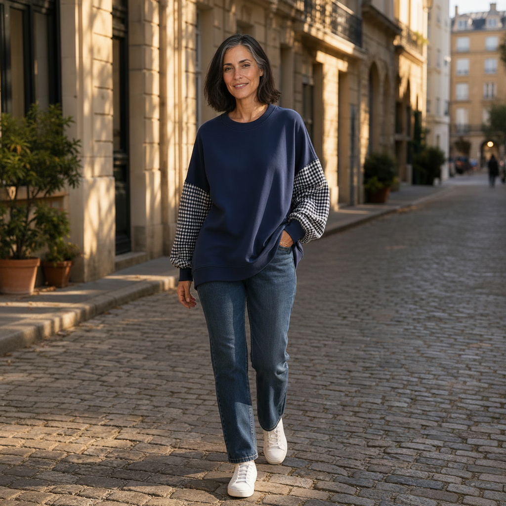 Mira | Femme Haut Col Rond Patchwork Carreaux Loose