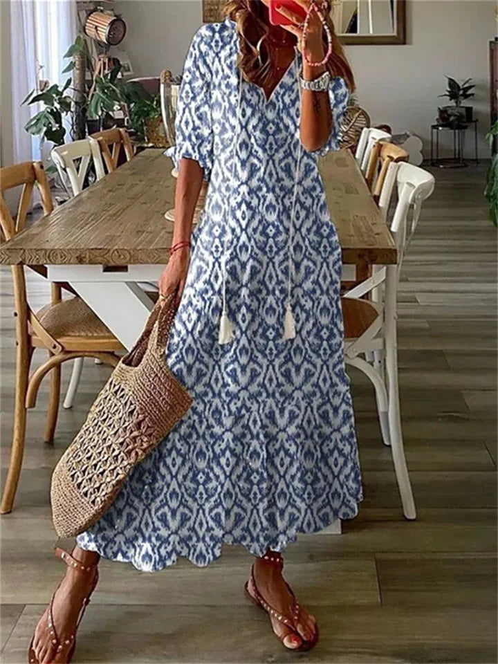 Robe Longue Femme | Imprimé Bohème, Col V | Robe d'Été Fluide
