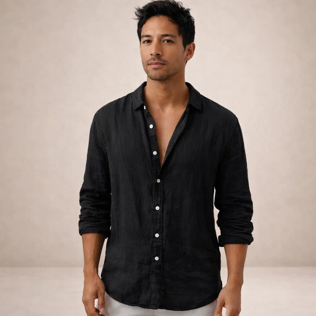 Chemise lin homme | Coupe régulière, col ouvert | Manches longues