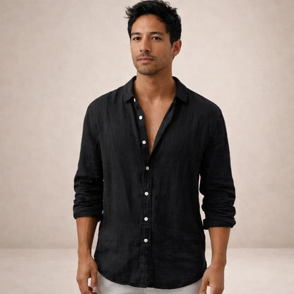 Chemise lin homme | Coupe régulière, col ouvert | Manches longues