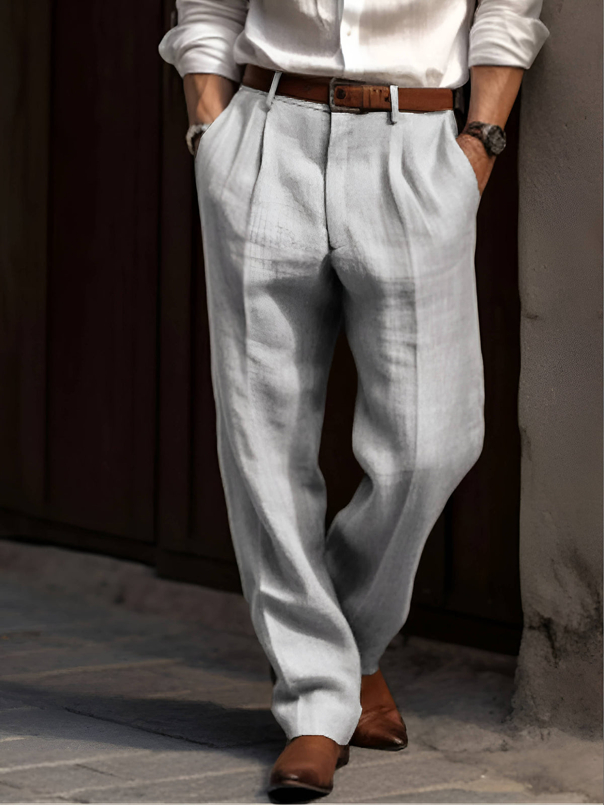 Hommes Pantalon Coton Plissé Classique