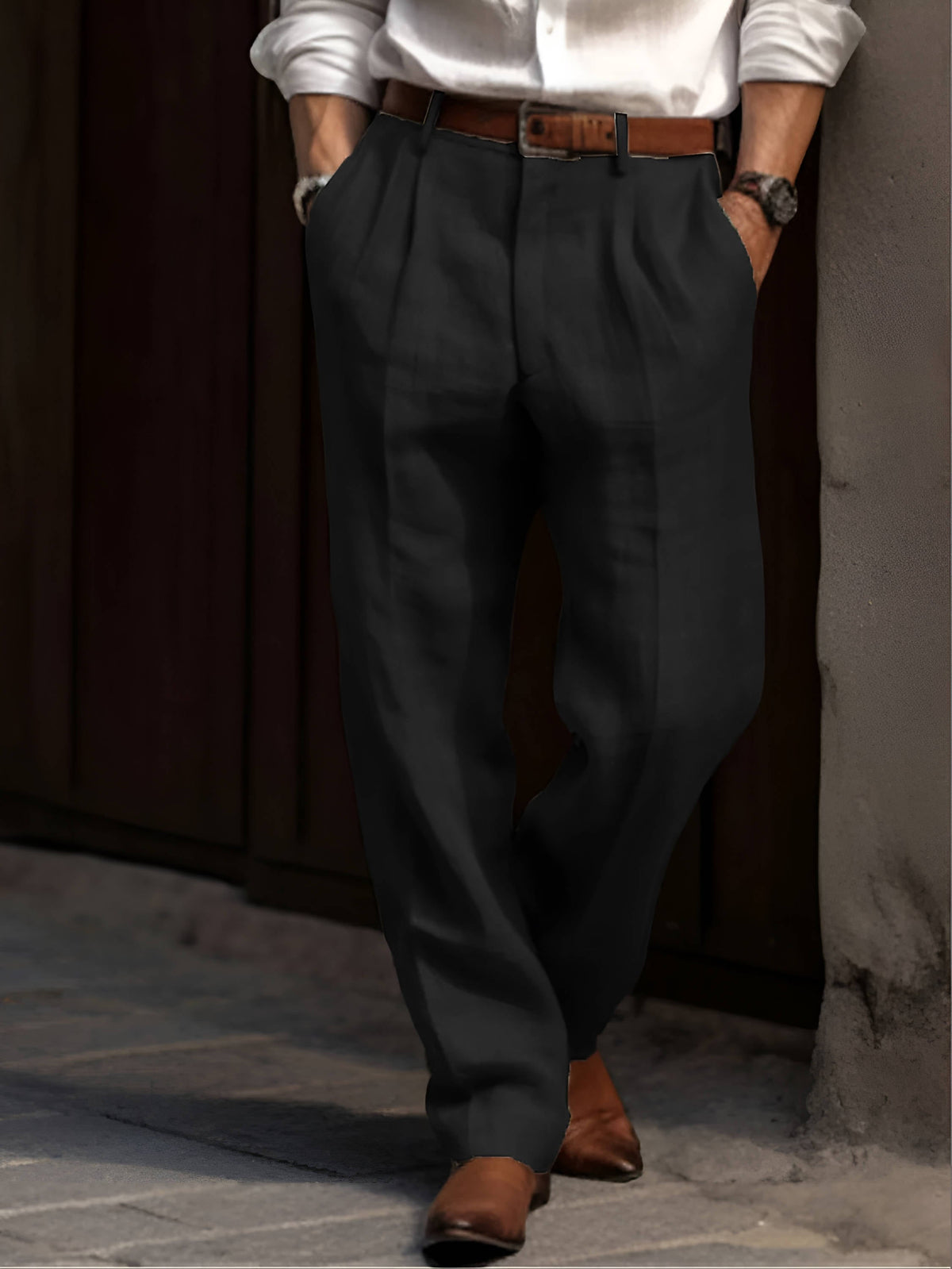 Hommes Pantalon Coton Plissé Classique