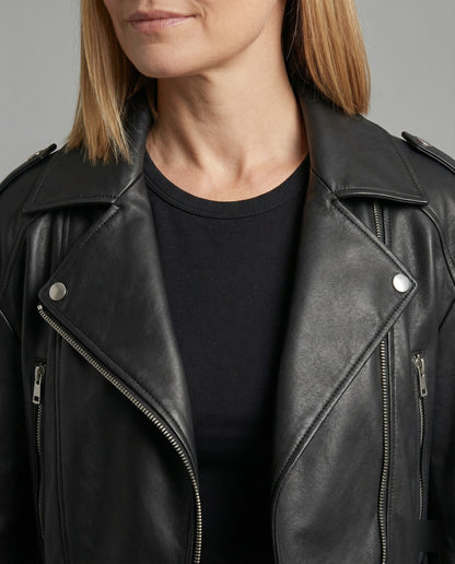 Veste en cuir souple femme | Noir, coupe ajustée, ceinture