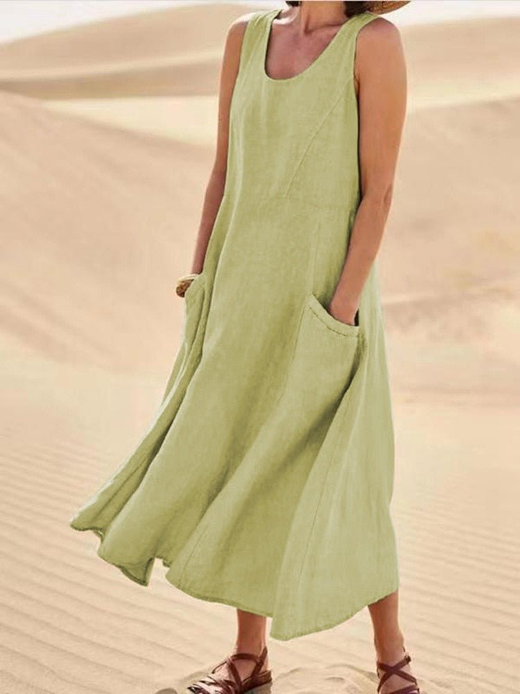 Robe d'Été Femme | Longue, Sans Manches | Coupe Fluide avec Poches