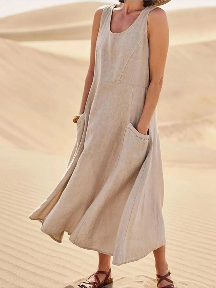 Robe d'Été Femme | Longue, Sans Manches | Coupe Fluide avec Poches