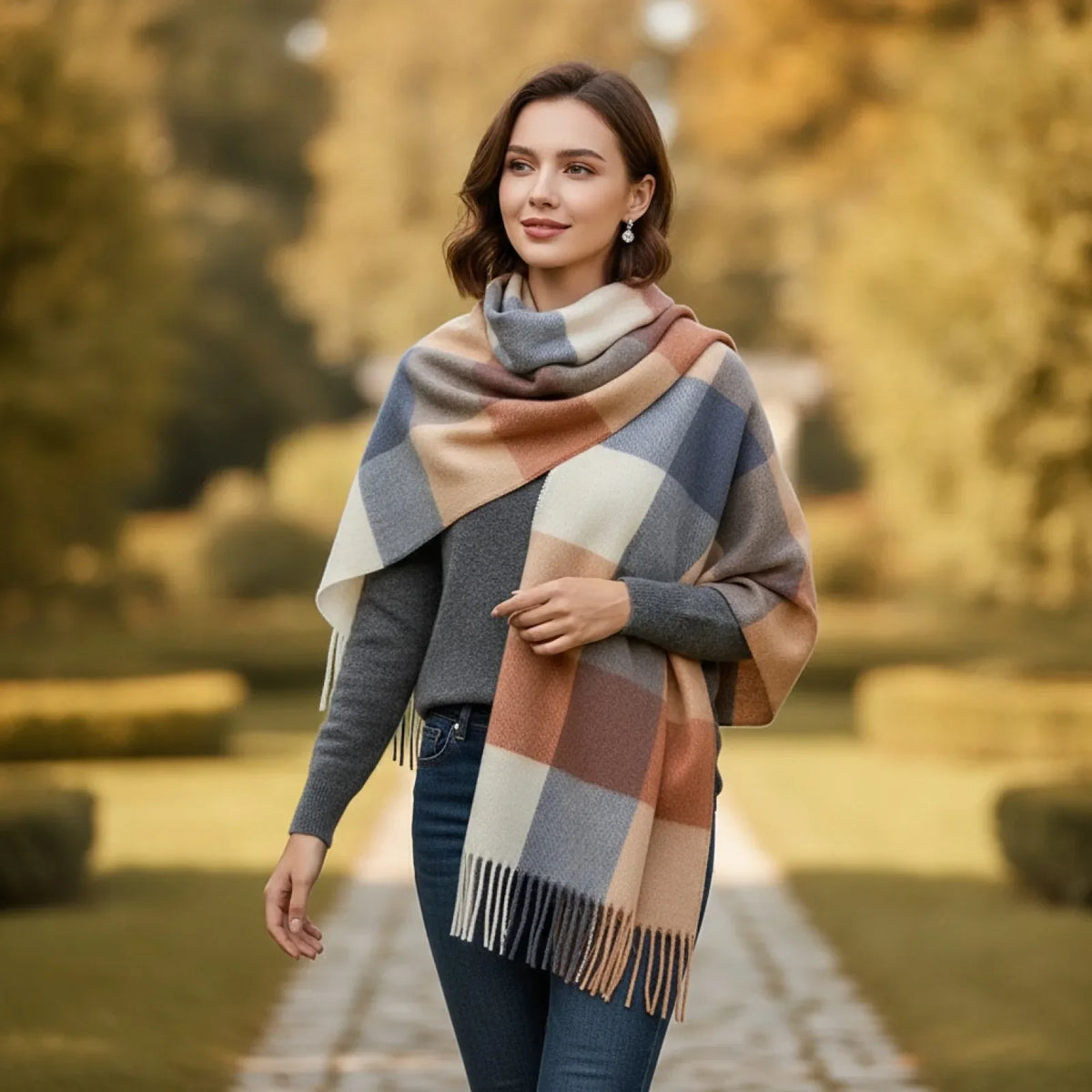 Écharpe femme laine cachemire carreaux beige bleu avec franges 30x180 cm