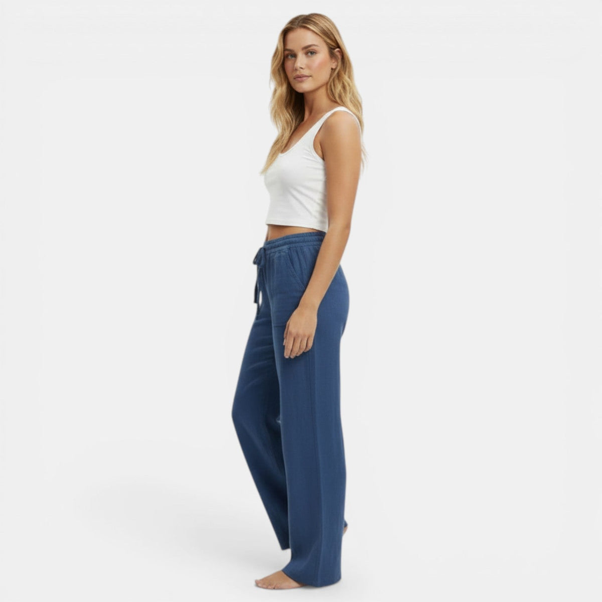 Pantalon femme lin jambe large coupe fluide ceinture élastique