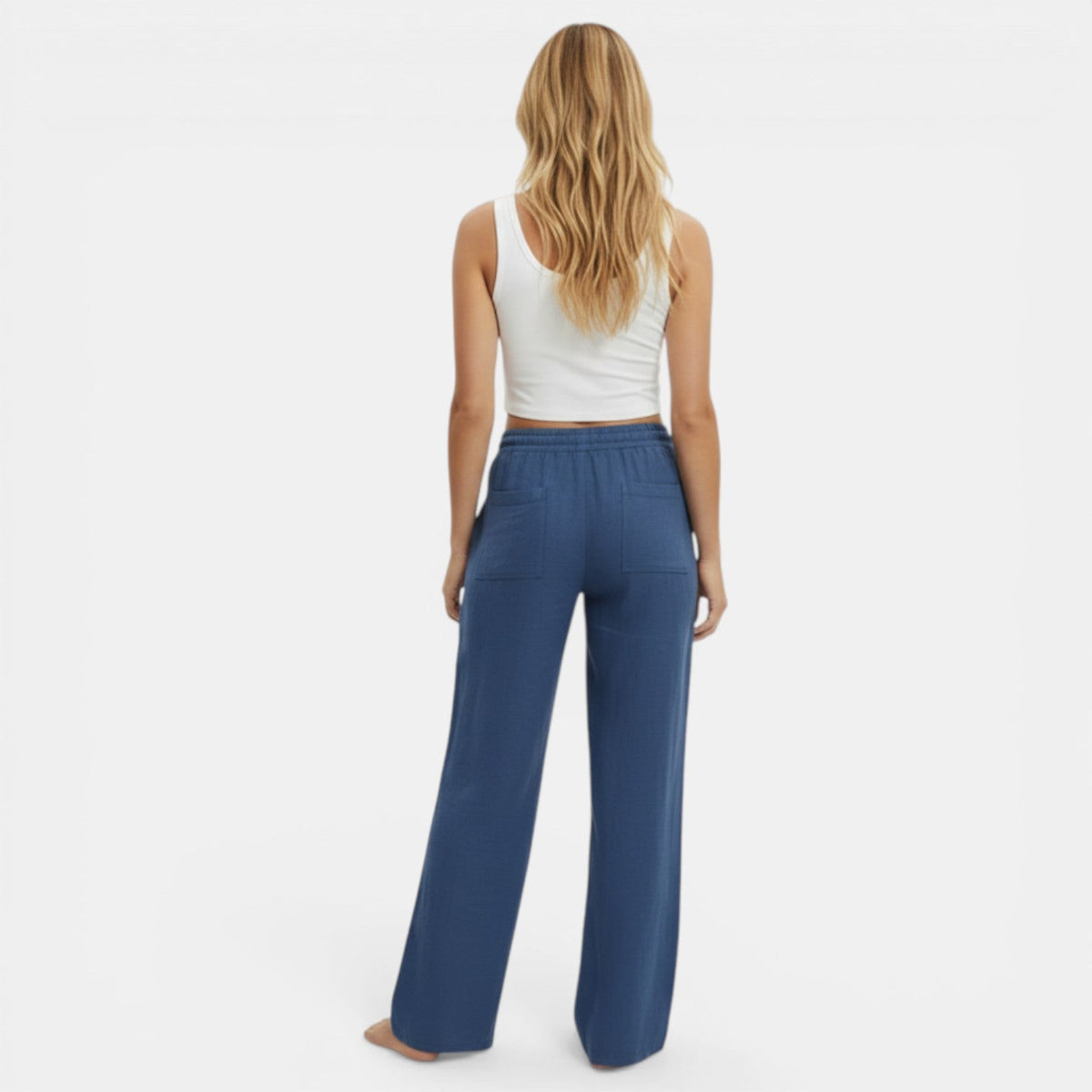 Pantalon femme lin jambe large coupe fluide ceinture élastique