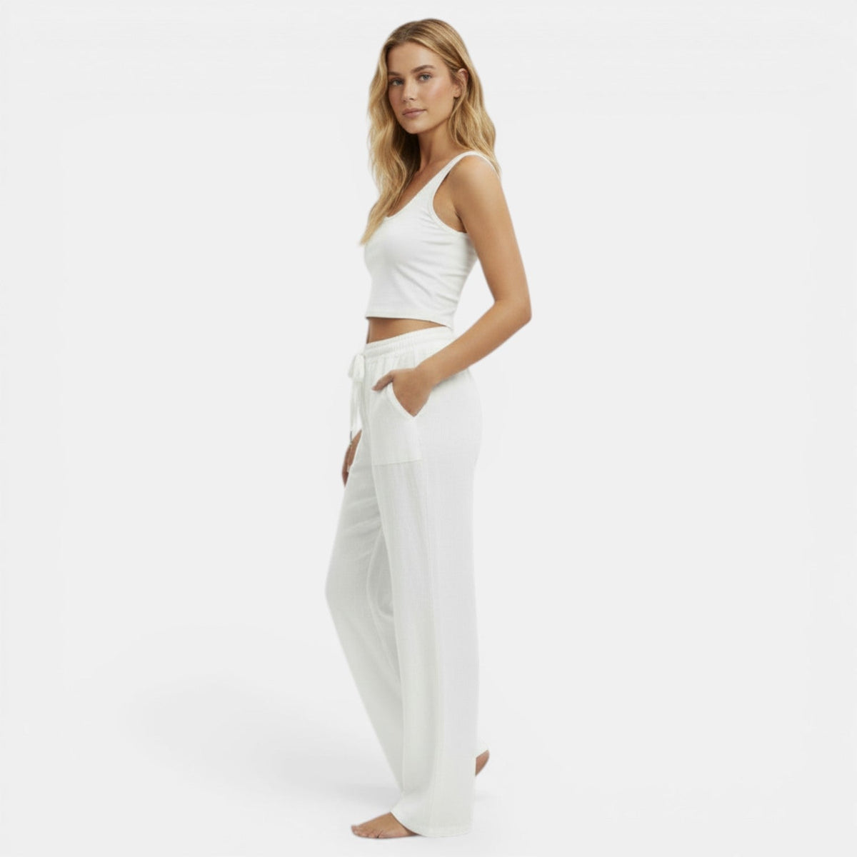 Pantalon femme lin jambe large coupe fluide ceinture élastique