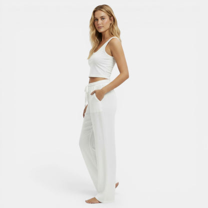 Pantalon femme lin jambe large coupe fluide ceinture élastique