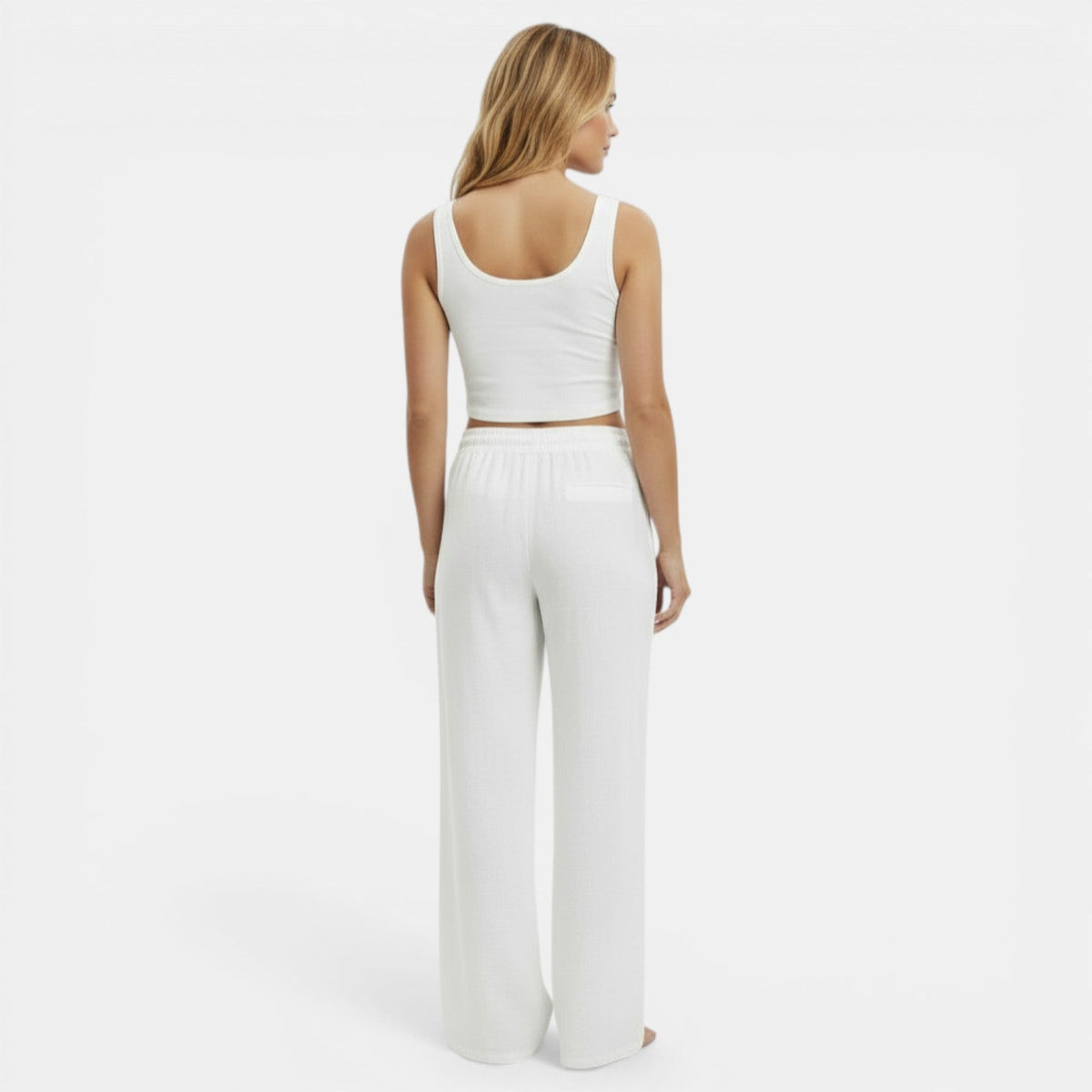 Pantalon femme lin jambe large coupe fluide ceinture élastique