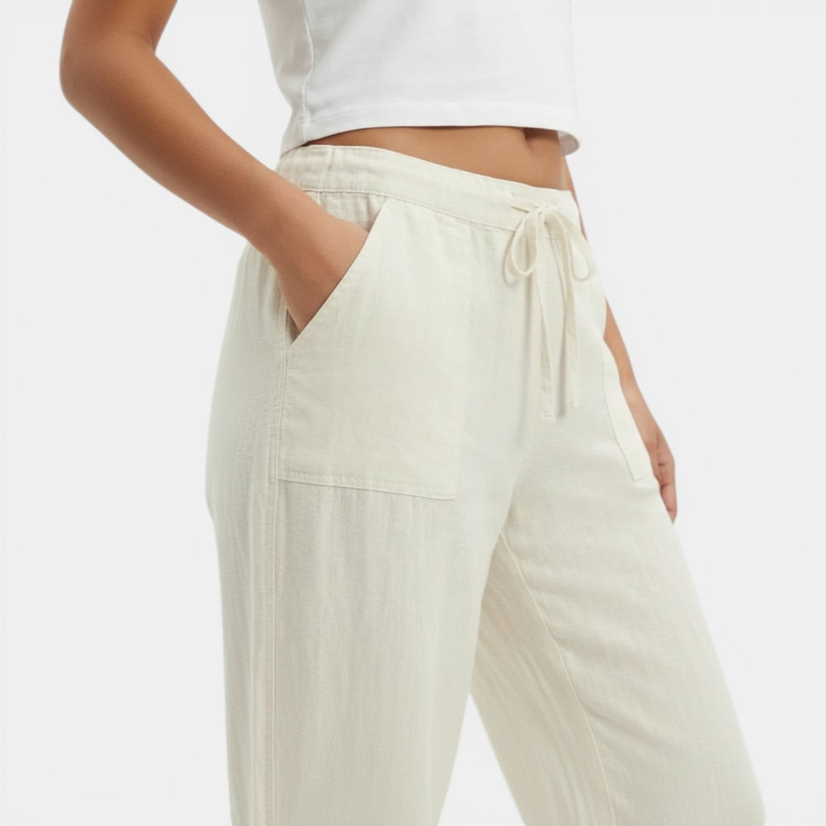 Pantalon femme lin jambe large coupe fluide ceinture élastique
