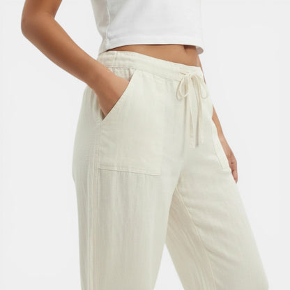 Pantalon femme lin jambe large coupe fluide ceinture élastique