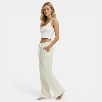 Pantalon femme lin jambe large coupe fluide ceinture élastique