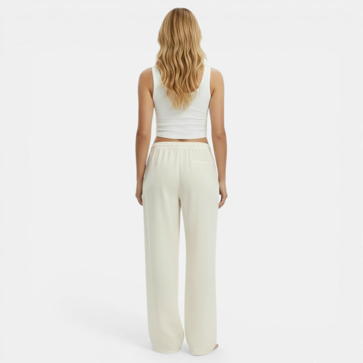 Pantalon femme lin jambe large coupe fluide ceinture élastique