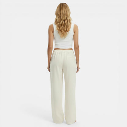 Pantalon femme lin jambe large coupe fluide ceinture élastique