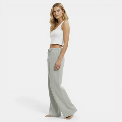 Pantalon femme lin jambe large coupe fluide ceinture élastique