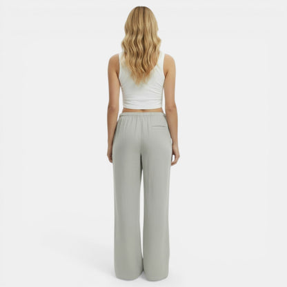 Pantalon femme lin jambe large coupe fluide ceinture élastique