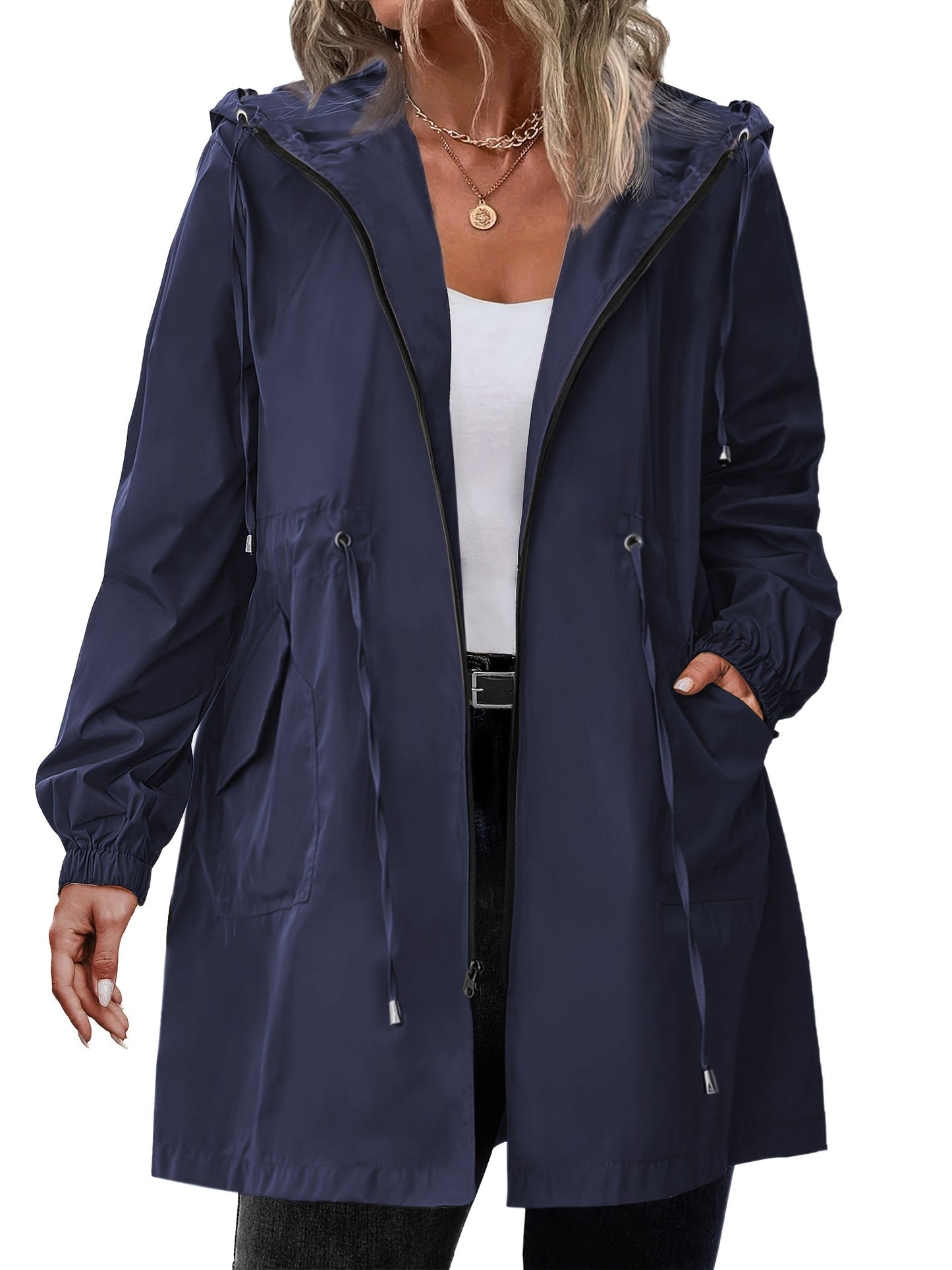 Imperméable femme | Grande taille, léger | Veste zippée à capuche