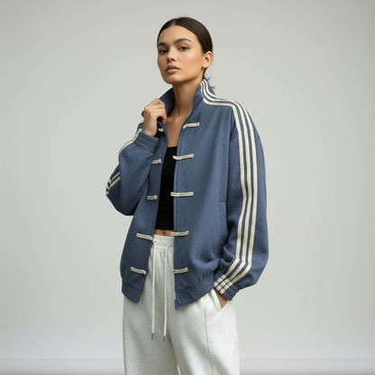Veste de survêtement femme rétro rayures contrastantes boutons décoratifs coupe relaxed