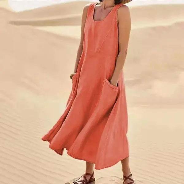 Robe en lin femme longue décontractée élégante avec poches