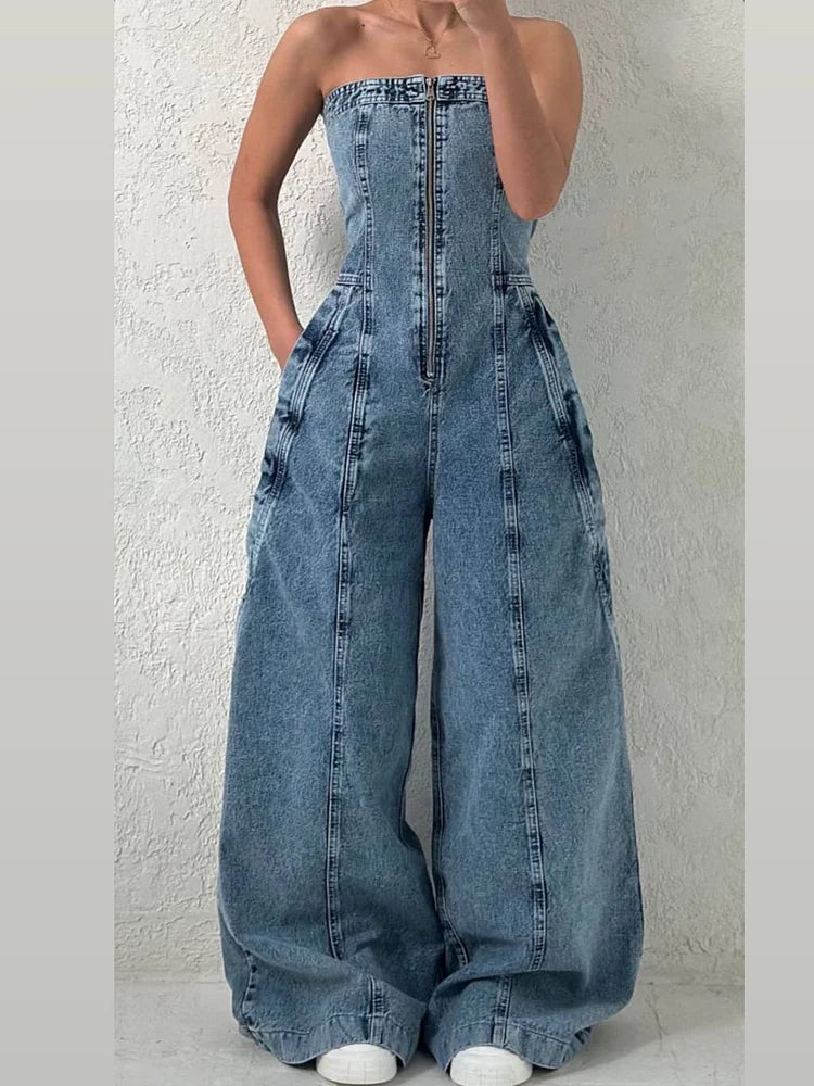 Combinaison en denim | Ensemble avec veste assortie, fermeture éclair
