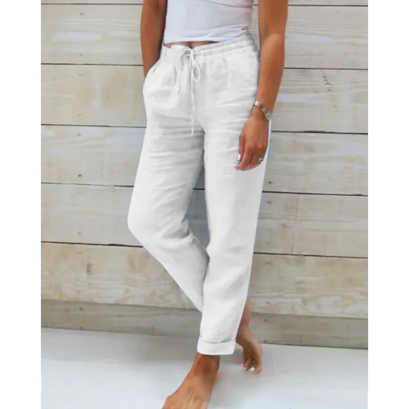 Pantalon d'été pour femme | Aspect lin, taille élastiquée | Pantalon de détente confortable
