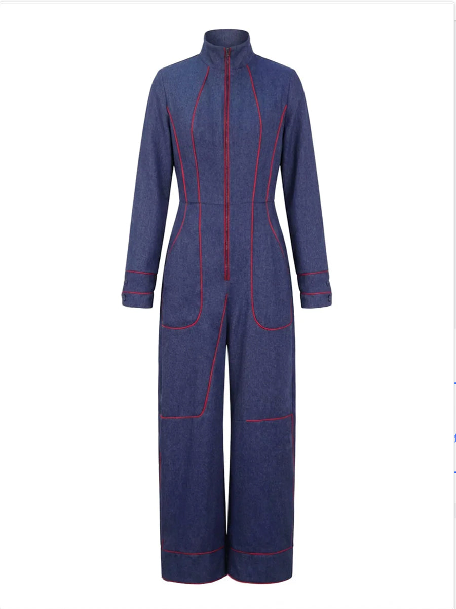 Combinaison en denim | Jambes larges, manches longues, col montant