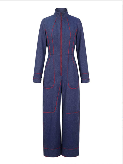 Combinaison en denim | Jambes larges, manches longues, col montant