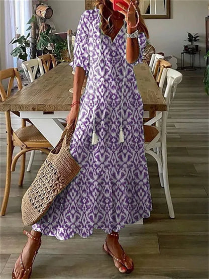 Robe Longue Femme | Imprimé Bohème, Col V | Robe d'Été Fluide