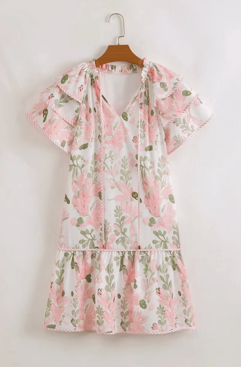 Robe Mini pour Femme | Florale, Manches Courtes, Encolure en V