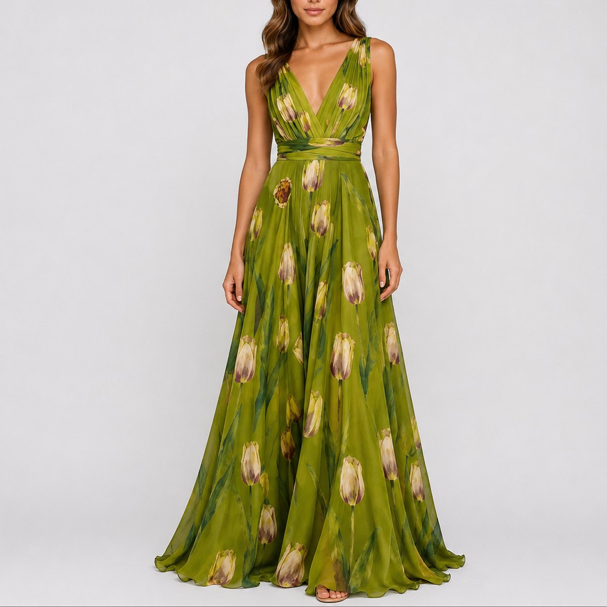 Femme Robe Maxi Fleurs Chiffon Encolure V